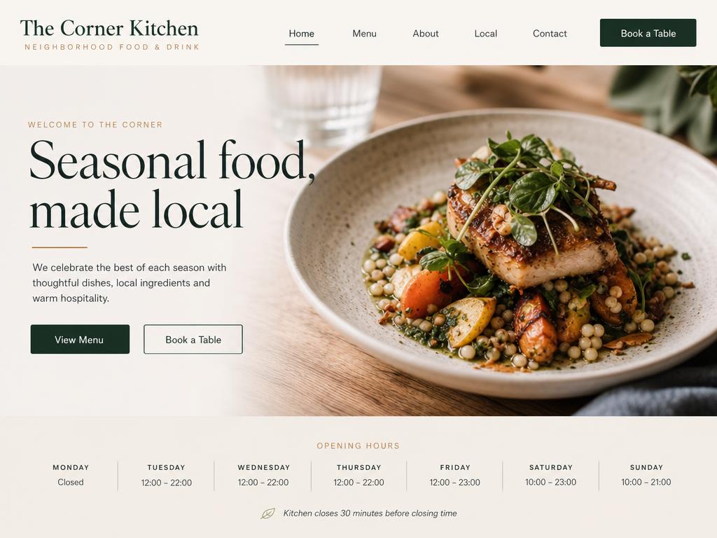 The Corner Kitchen — example Restaurant website built by CUBSYS